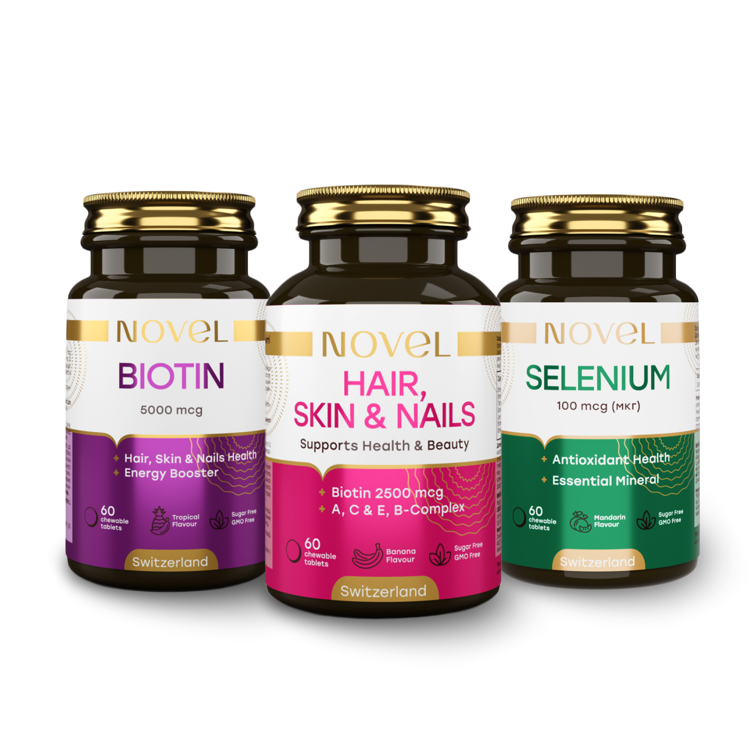 Набор жевательных витамин Novel биотин 5000 мкг №60/волосы кожа и ногти №60/селен 100 мкг №60 (CO004398)