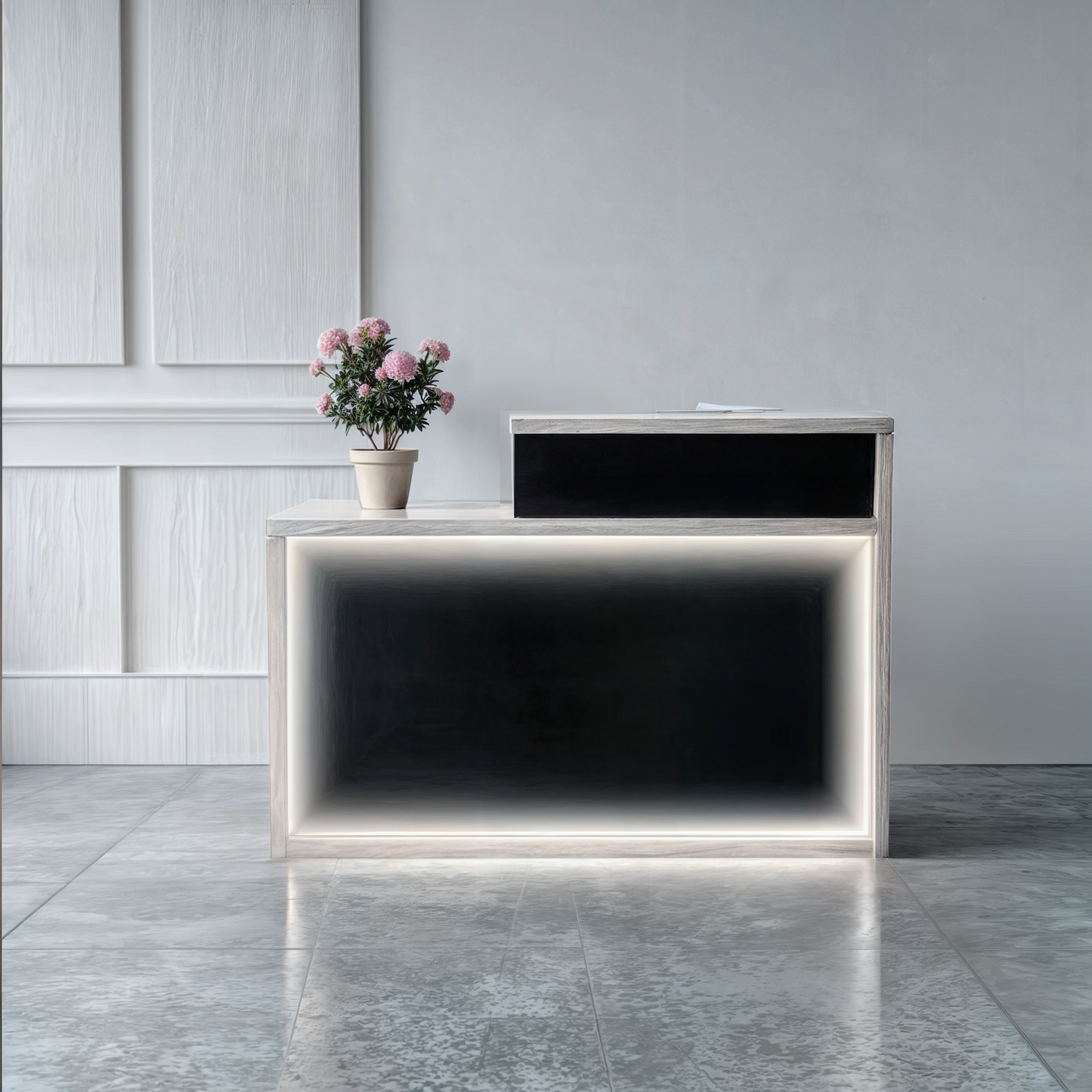 Стойка-ресепшн/4 Tobi Sho левосторонняя для офиса/салона с подсветкой 1600х600х1050 мм Дуб крафт белый/Черный (58679675) - фото 2 Стойка-ресепшн/4 Tobi Sho левосторонняя для офиса/салона с подсветкой 1600х600х1050 мм Дуб крафт белый/Черный (58679675) - фото 2