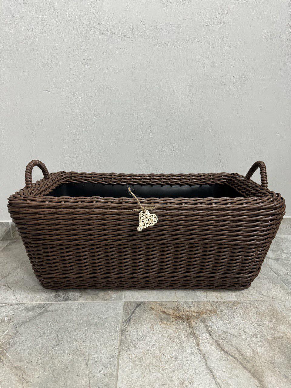 Дровница-корзина с ручками из искусственного ротанга ручной работы 60 л Дерево темное (33048) - фото 2