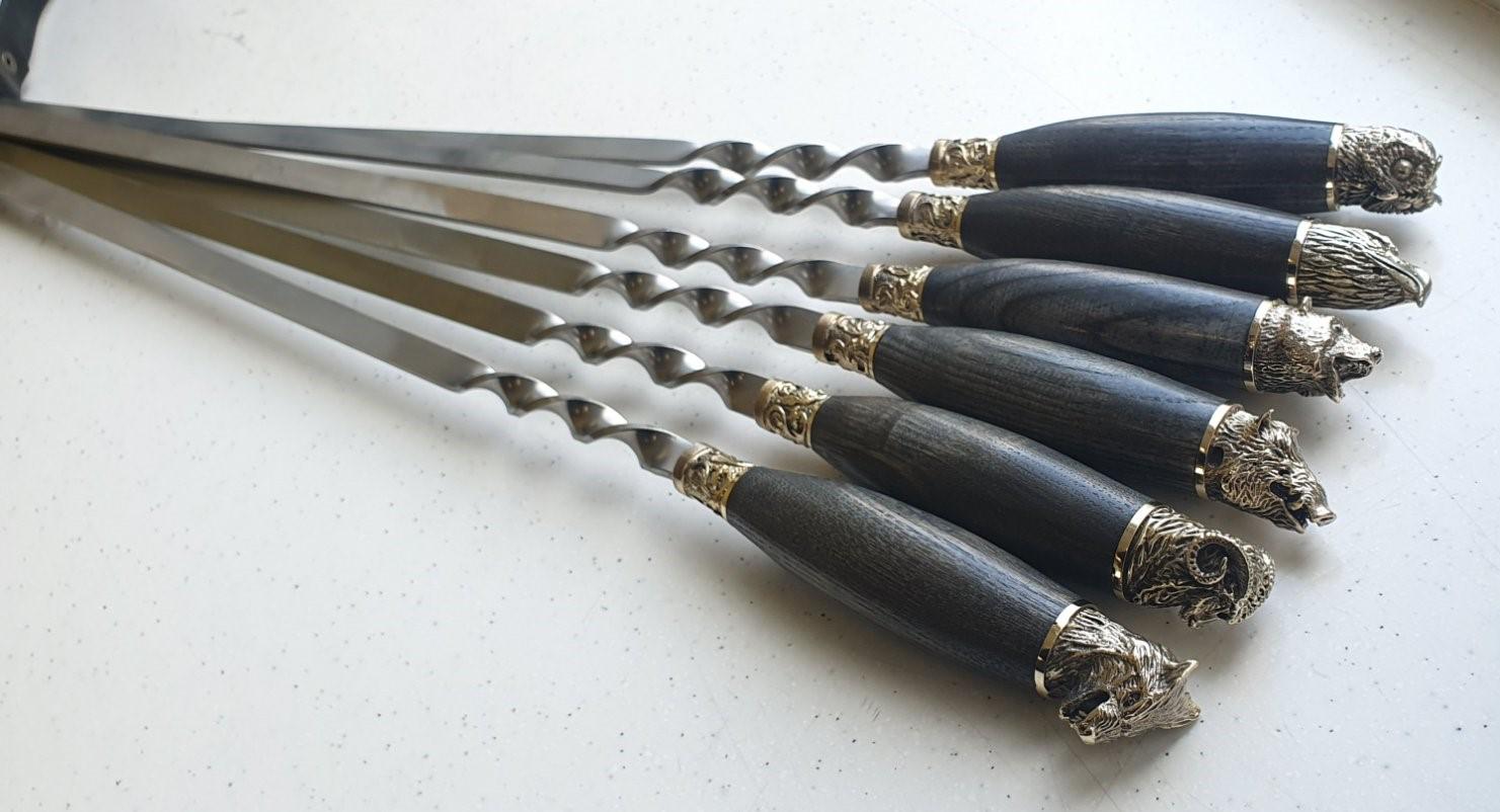 Набор шампуров ручной работы Дикие звери нержавеющая сталь ручки десны в кожаном колчане 6 шт. (46009)