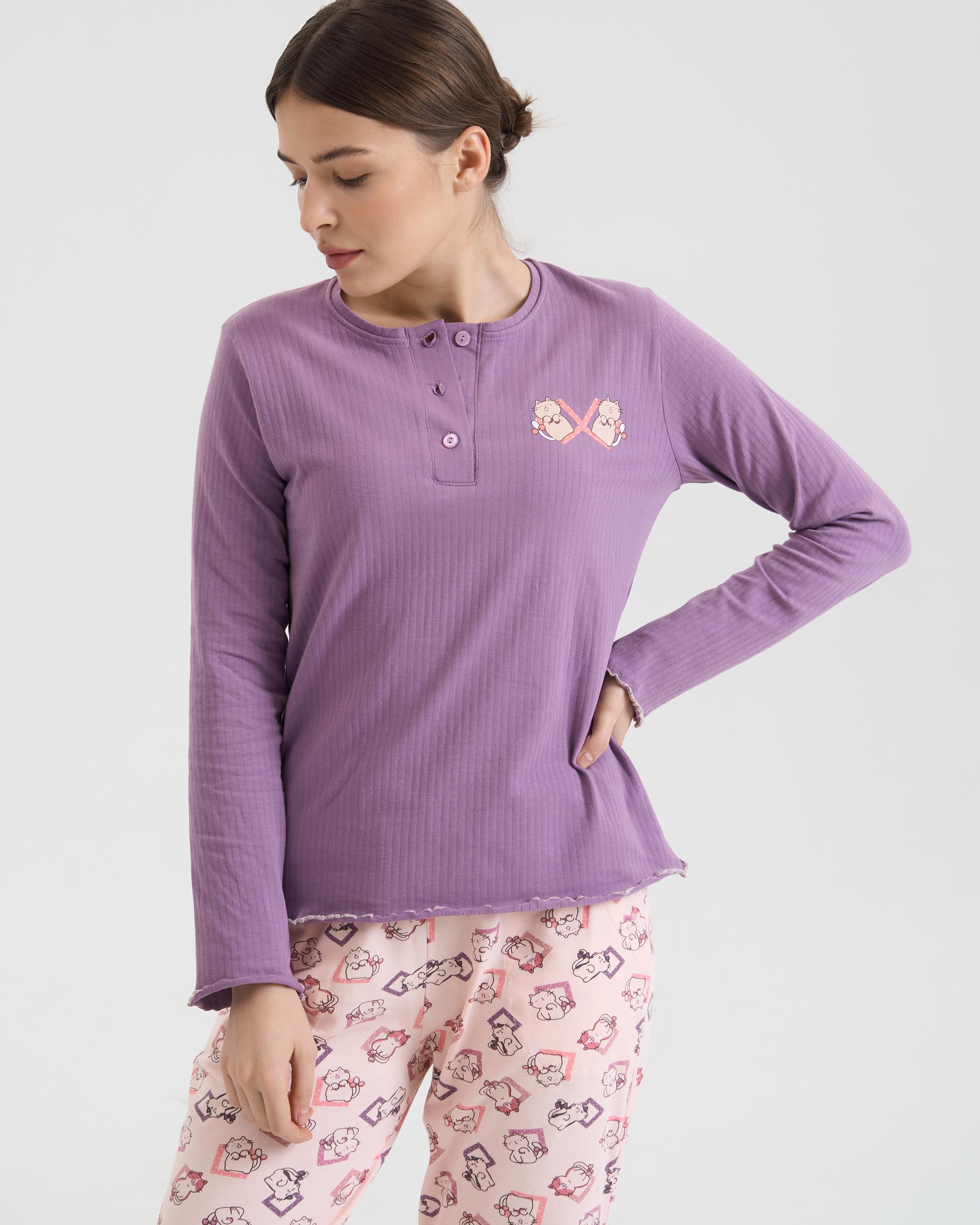 Комплект жіночий зі штанами і кофтою в рубчик Котики Family look 47033 M Баклажановий - фото 2