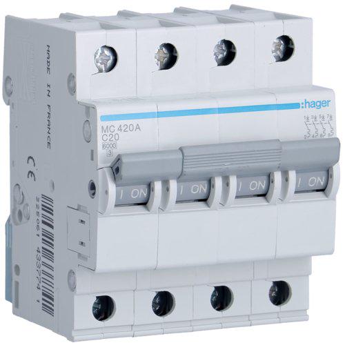 Автоматичний вимикач Hager 4P 6 kA C-20A 4M (MC420A)