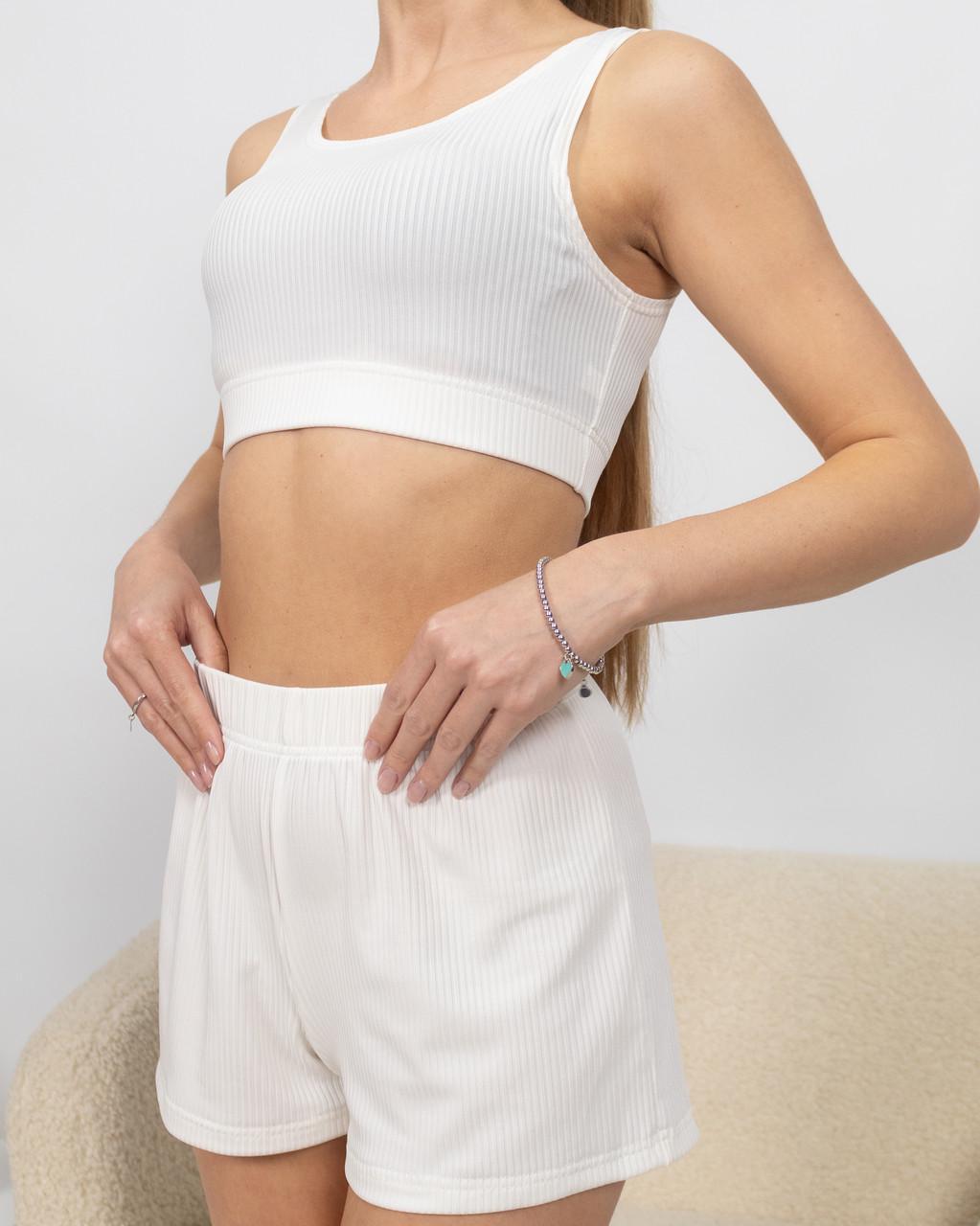 Пижама женская из рубчика топ и шорты Белый (2188007626) - фото 4