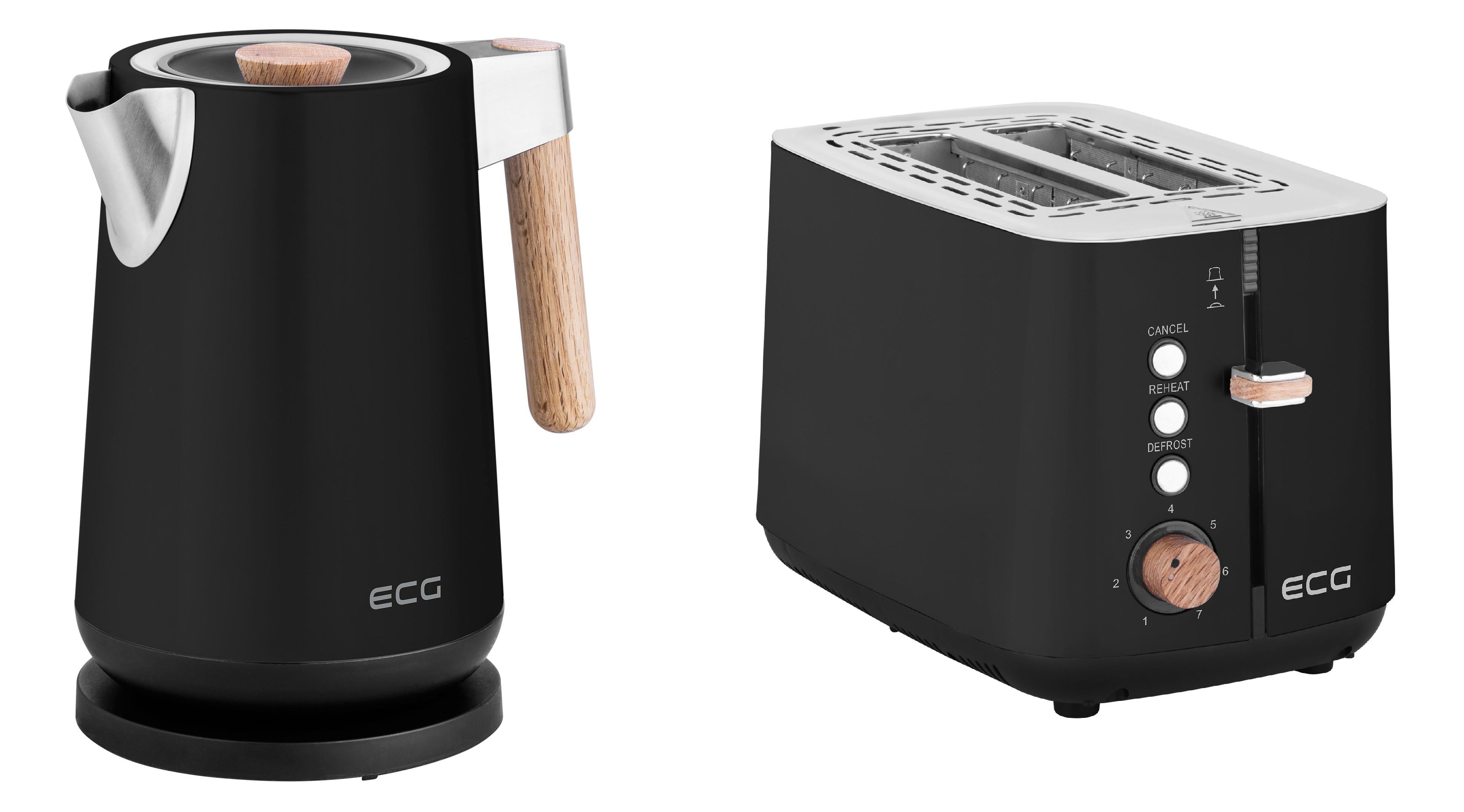 Комплект из электрочайника ECG RK 1768 Strix Timber Black и тостера ECG ST 2768 Timber Black
