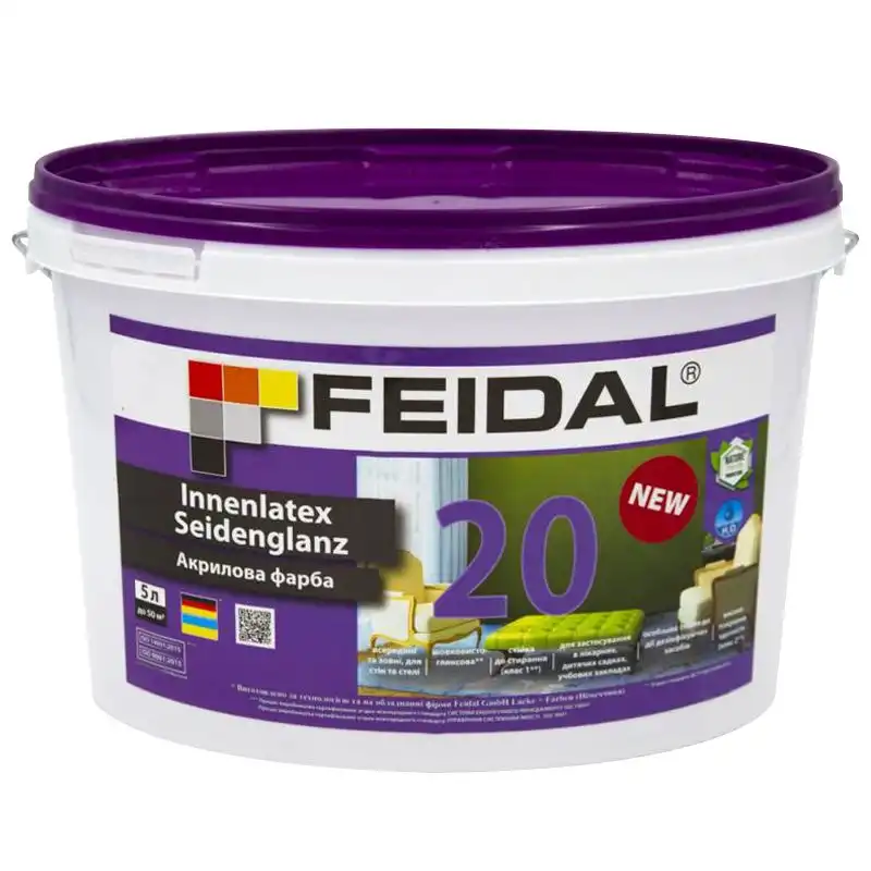 Фарба Feidal Innenlatex Seidenglanz 20 латексна база шовковисто-глянцева А біла для внутрішніх робіт 5 л (1815006526) - фото 1 Фарба Feidal Innenlatex Seidenglanz 20 латексна база шовковисто-глянцева А біла для внутрішніх робіт 5 л (1815006526) - фото 1
