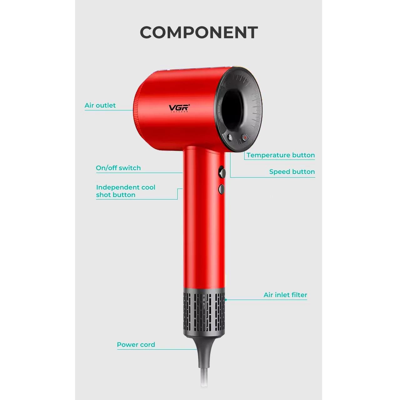 Фен VGR V445 1600 Вт Червоний (30651869) - фото 2 Фен VGR V445 1600 Вт Червоний (30651869) - фото 2