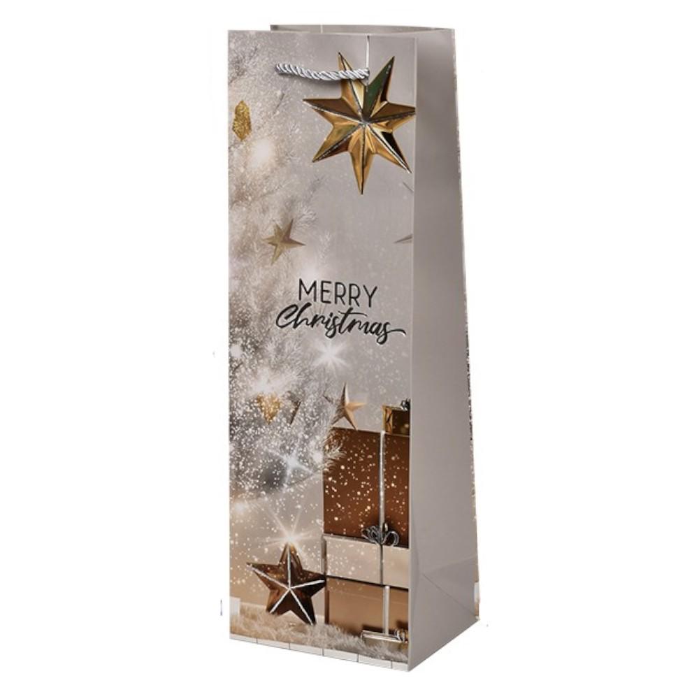 Подарочный пакет новогодний Stenson Christmas magic с ручками 12х9х35 см Бежевый (R33084)
