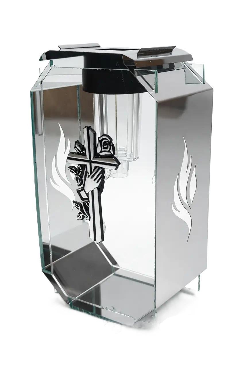 Лампадка на солнечной батарее Серебряный Крест на кладбище с LED стекло и нержавеющая сталь 19 см