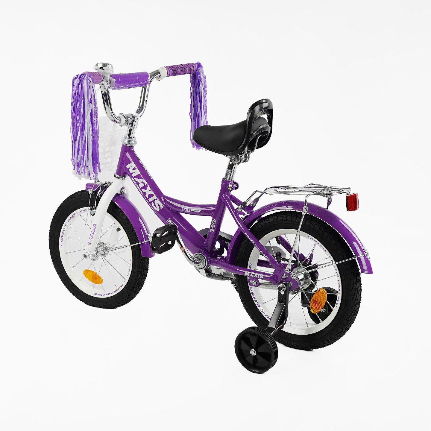 Велосипед двухколесный Corso MAXIS 14" для девочки с корзиной и багажником Фиолетовый - фото 3 Велосипед двухколесный Corso MAXIS 14" для девочки с корзиной и багажником Фиолетовый - фото 3