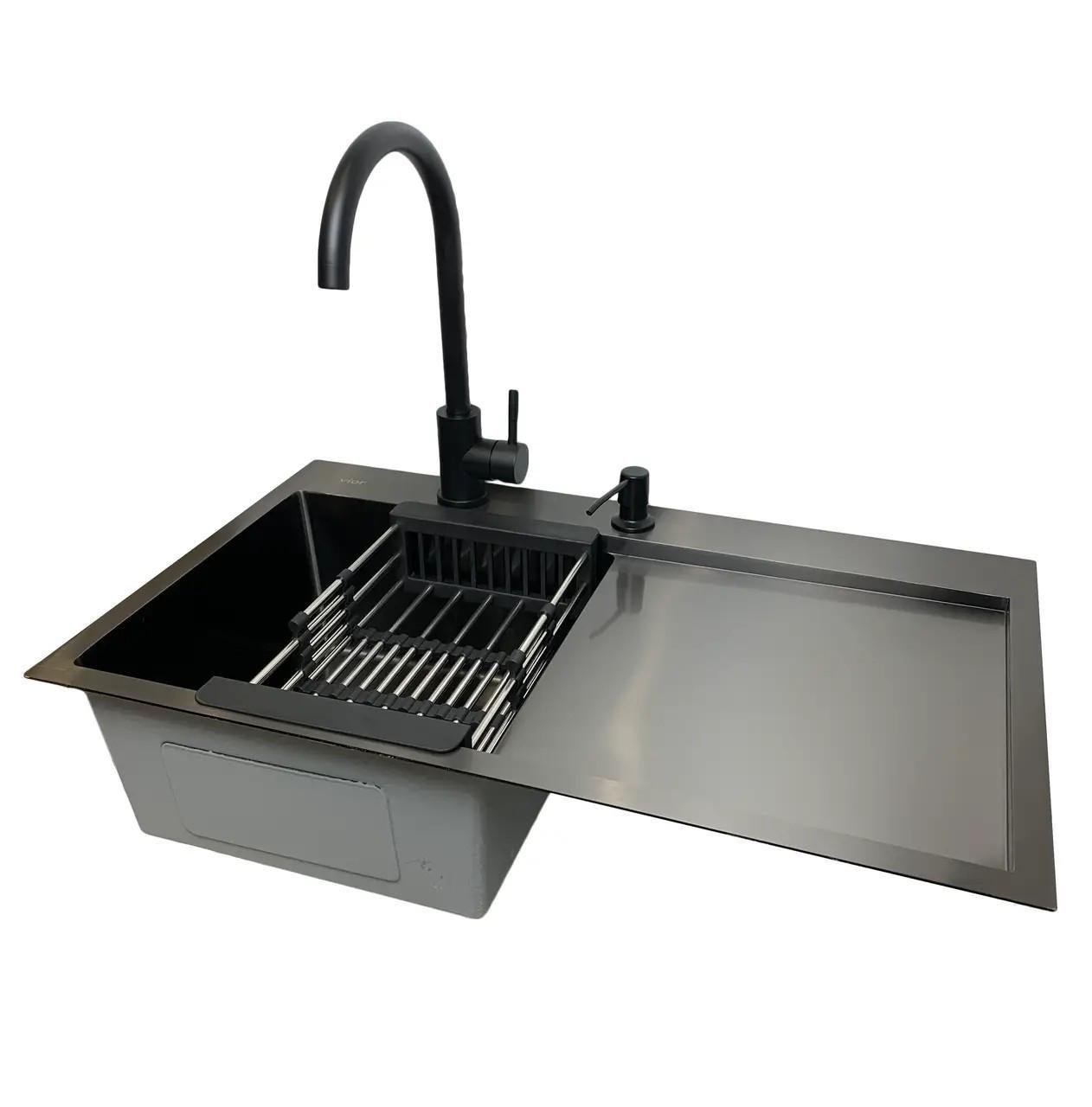 Мойка Luminex 7844 см левая и смеситель для кухни из нержавеющей стали Черный
