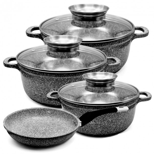 Набір посуду Unique UN-5521 казани сковорода з скляними кришками 7 пр. (23793746)