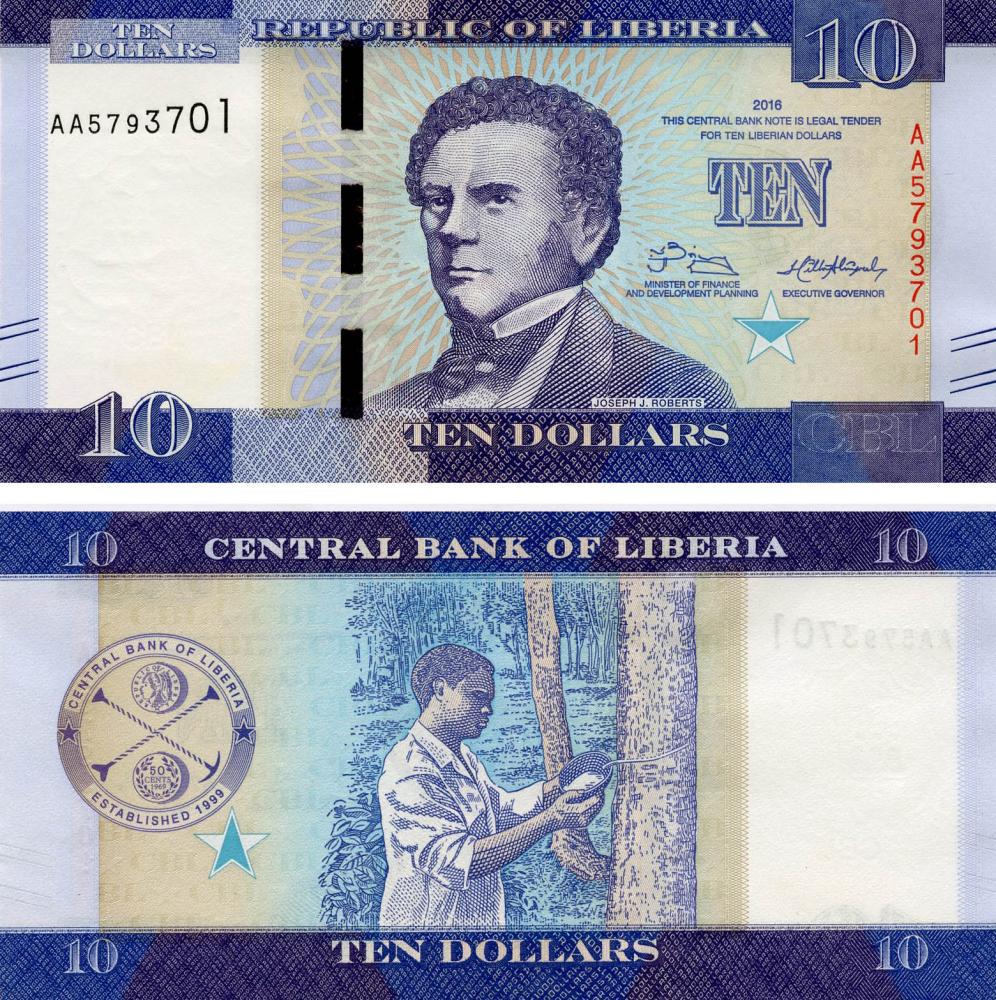 Коллекционная банкнота Либерия 10 долларов 2016 UNC P32 (Б12384)