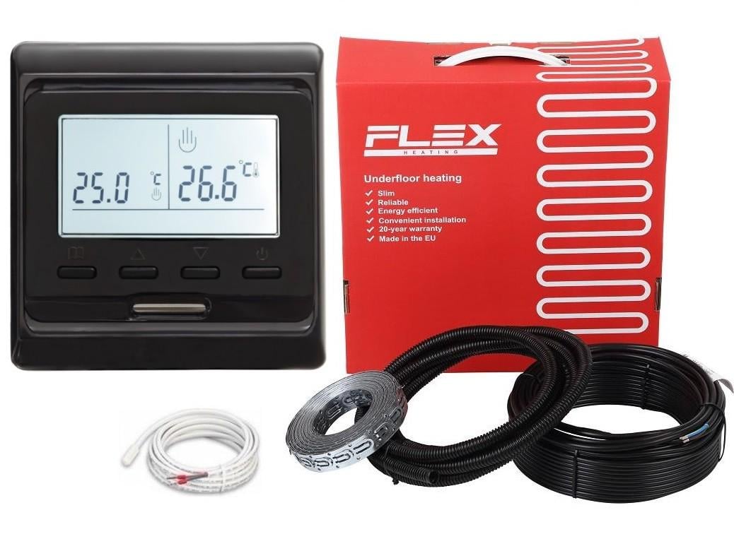 Кабель нагревательный FLEX 11 м²-13,2 м²/1925 Вт/110 м с программируемым черным терморегулятором E51