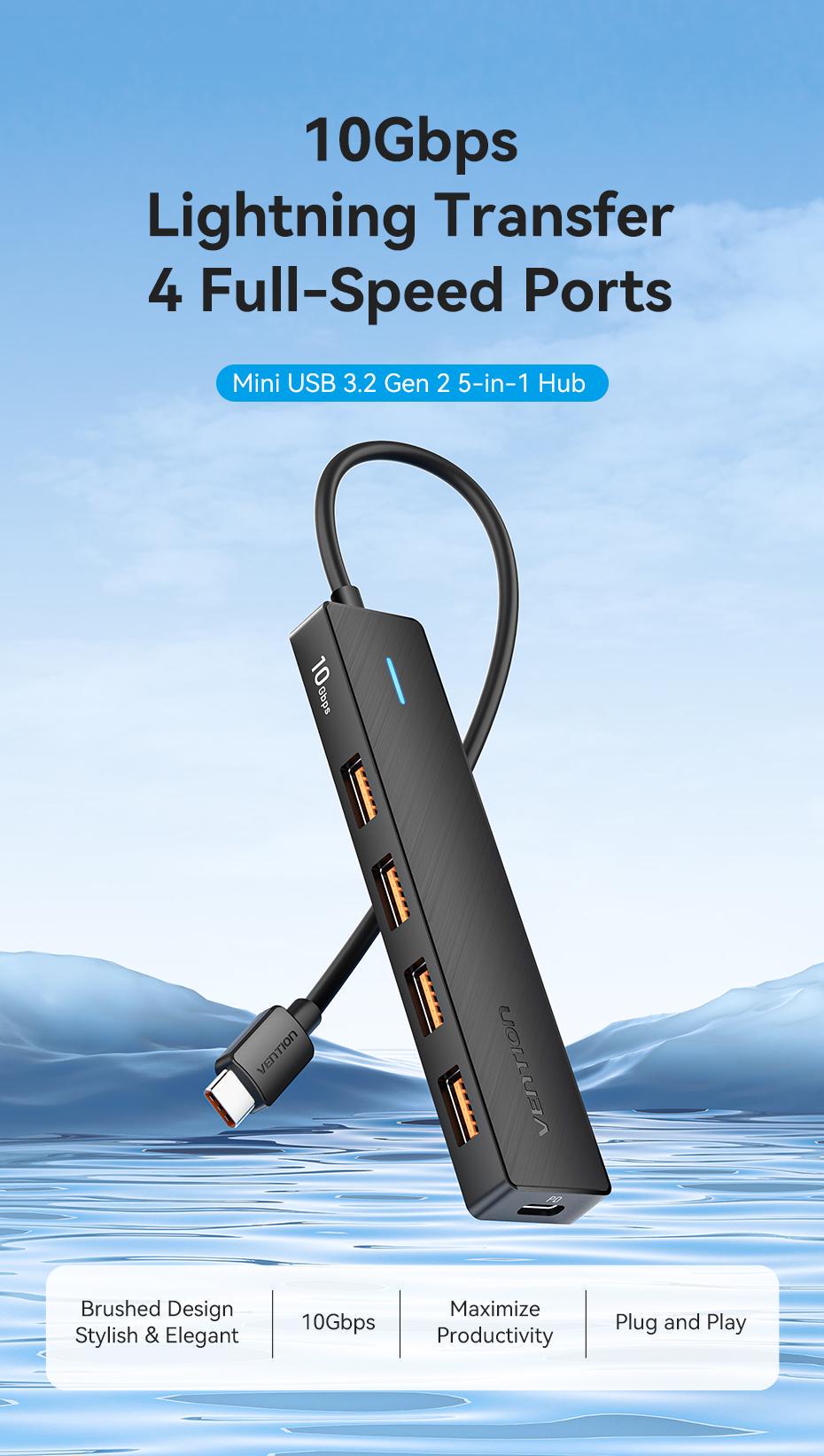 USB-хаб Vention 4xUSB-A 3.2 Gen 2 10 Гбіт/с Зарядка 100 Вт OTG 0.15 м Чорний (CKCBB) - фото 2 USB-хаб Vention 4xUSB-A 3.2 Gen 2 10 Гбіт/с Зарядка 100 Вт OTG 0.15 м Чорний (CKCBB) - фото 2