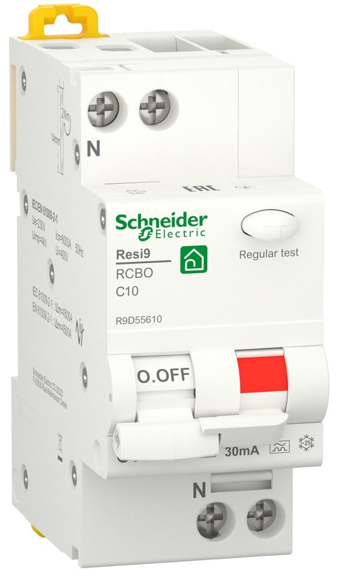 Дифференциальный выключатель Schneider Electric RESI9 1P+N 10A 30мA C тип А (R9D55610) - фото 1