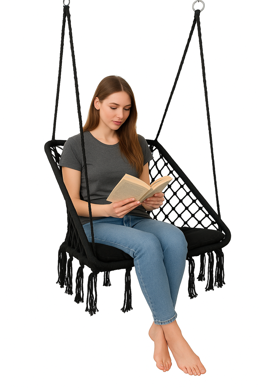 Кресло-качалка подвесная WCG плетеная квадратная с мягкой подушкой Черный (2689017146) - фото 3