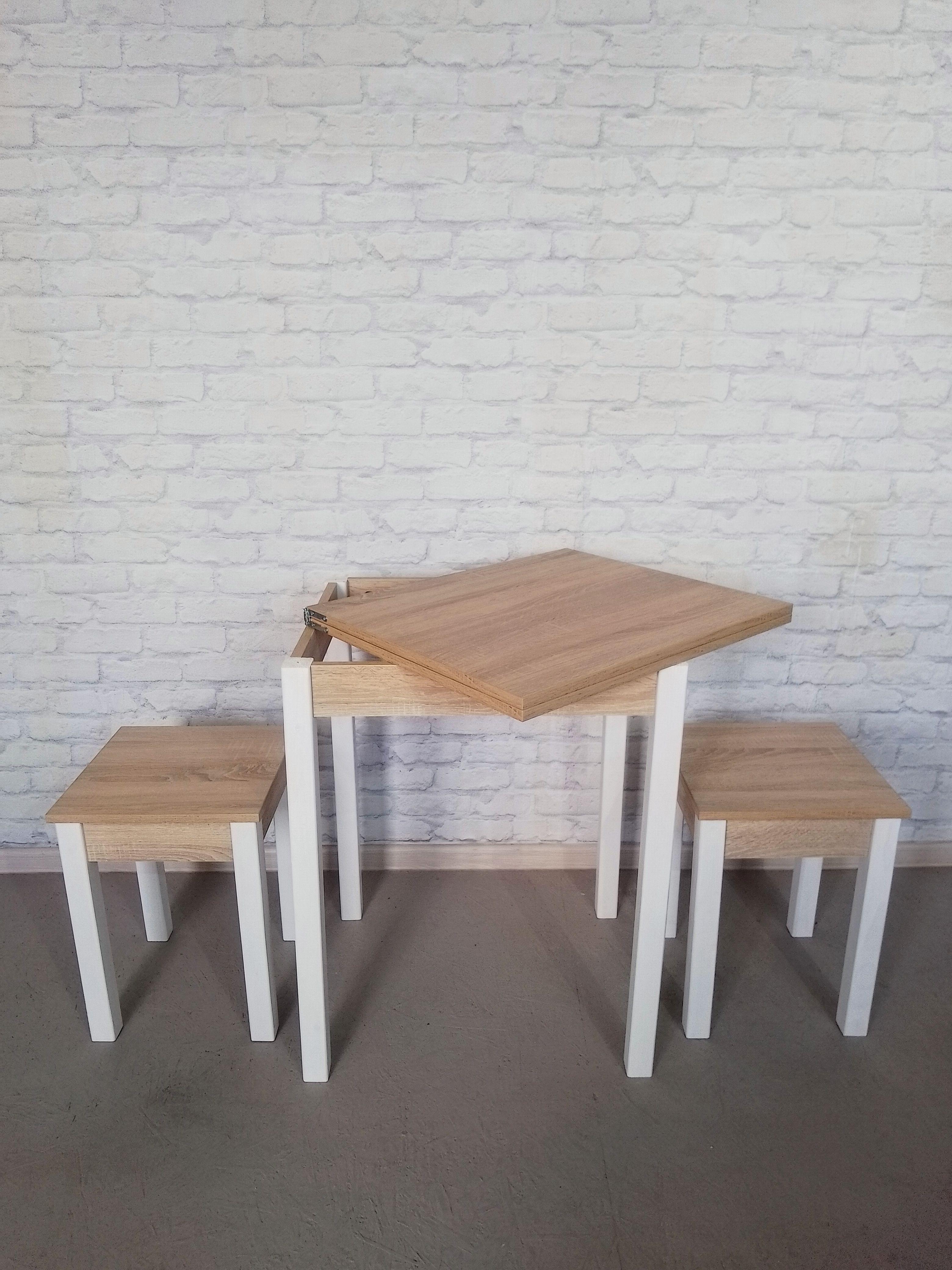 Обеденный стол и 2 табурета Смарт раскладной/ножки деревянные 60х50х75 см/34х34х45 см Дуб сонома/Белый (0022) - фото 3 Обеденный стол и 2 табурета Смарт раскладной/ножки деревянные 60х50х75 см/34х34х45 см Дуб сонома/Белый (0022) - фото 3