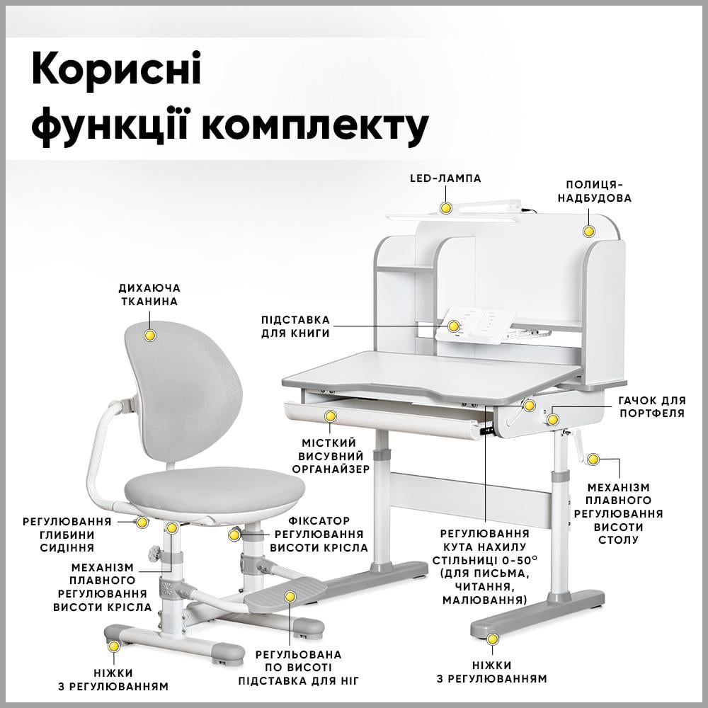 Парта детская школьная с креслом и лампой Mealux Nemo Серый (BD-38 G) - фото 2