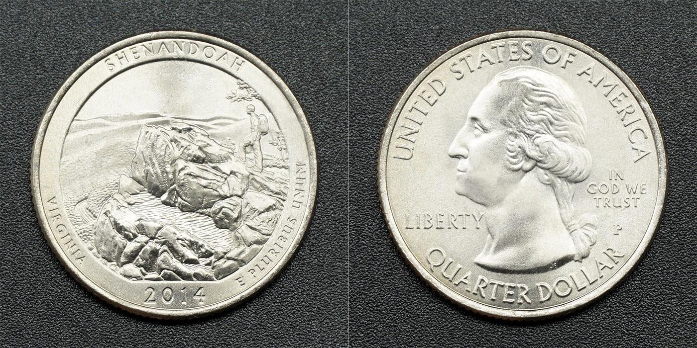Коллекционная монета США 2014 25 центов Виргиния P парк Шенандоа UNC Коллекционная монета США 2014 25 центов Виргиния P парк Шенандоа UNC