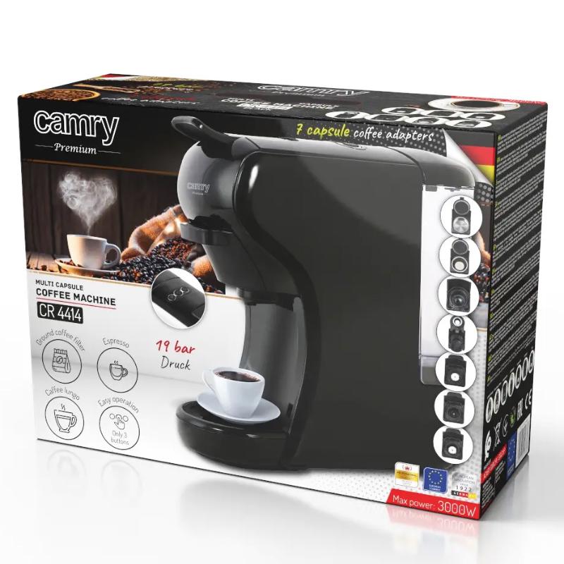 Кавомашина ріжкова капсульна Camry CR 4414 для меленої кави та 5 вкладишів для капс. 3000 Вт Чорний - фото 10 Кавомашина ріжкова капсульна Camry CR 4414 для меленої кави та 5 вкладишів для капс. 3000 Вт Чорний - фото 10