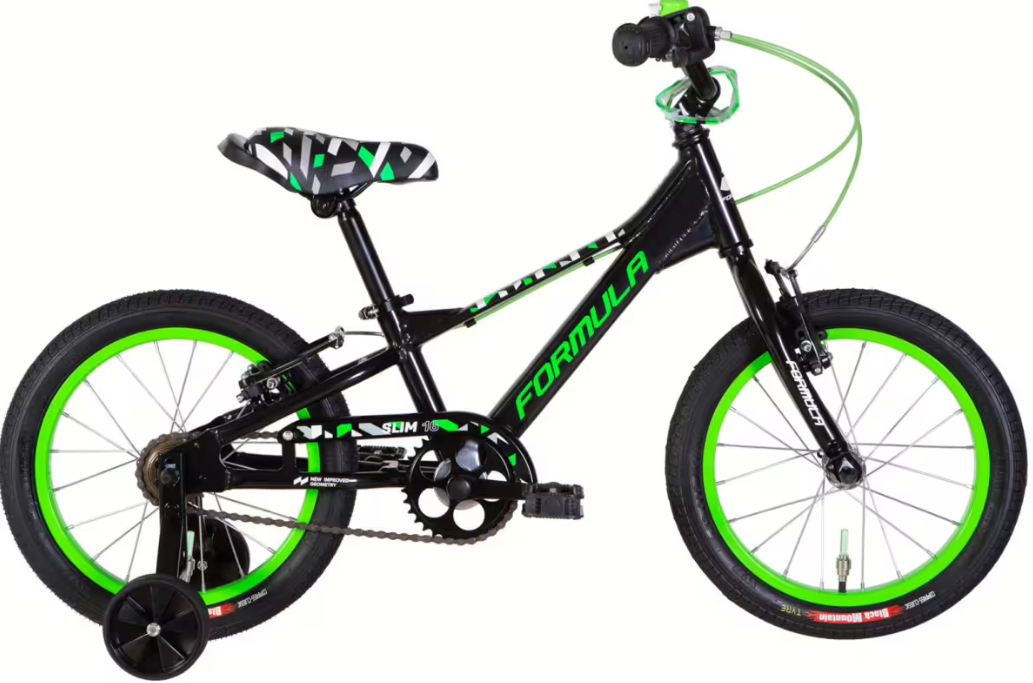Велосипед Formula Kid SLIM AL рама 16"/8,5" Vbr FR звонок 2026 Черный/Зеленый (8585053830860)