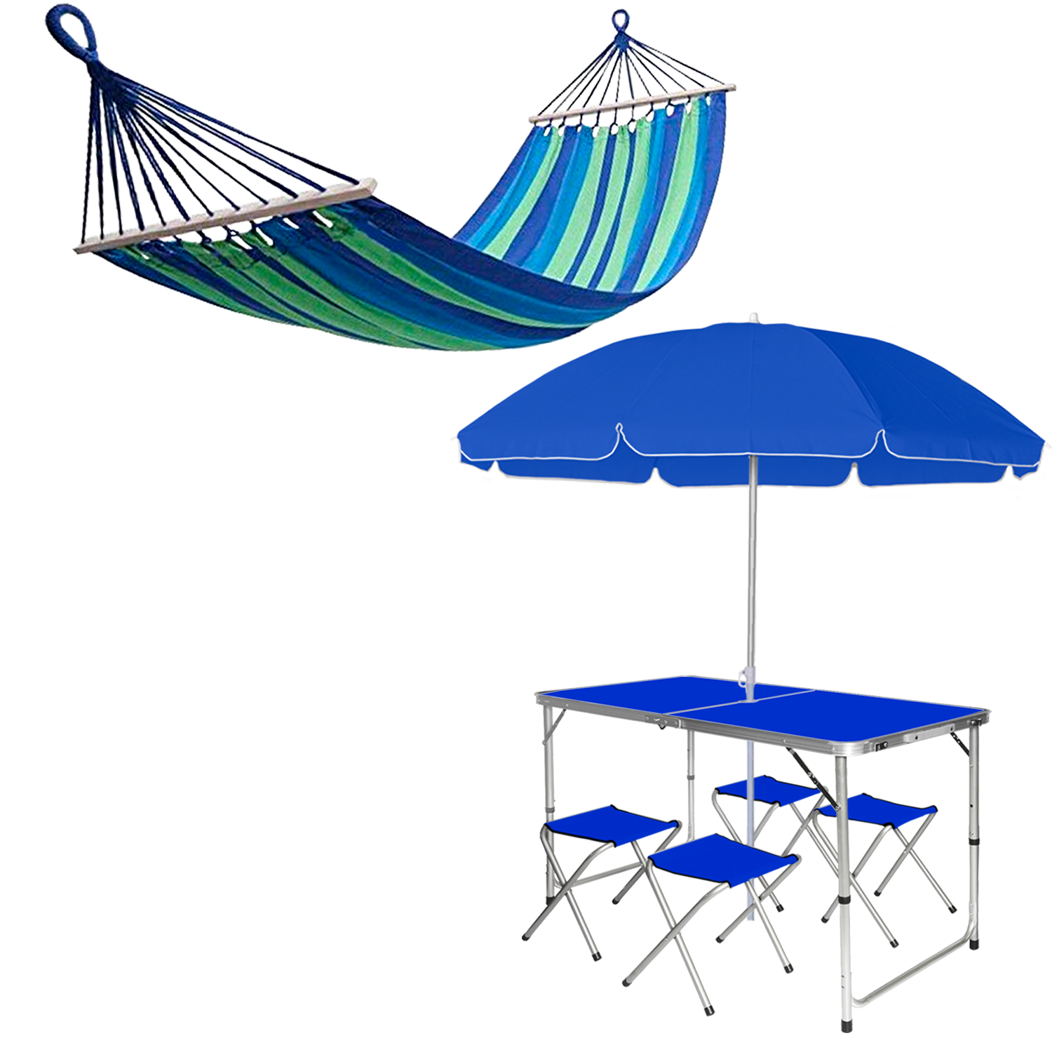 Комплект туристичний стіл зі стільцями у валізі/парасолька та гамак з планкою Синій (e494d7c0)