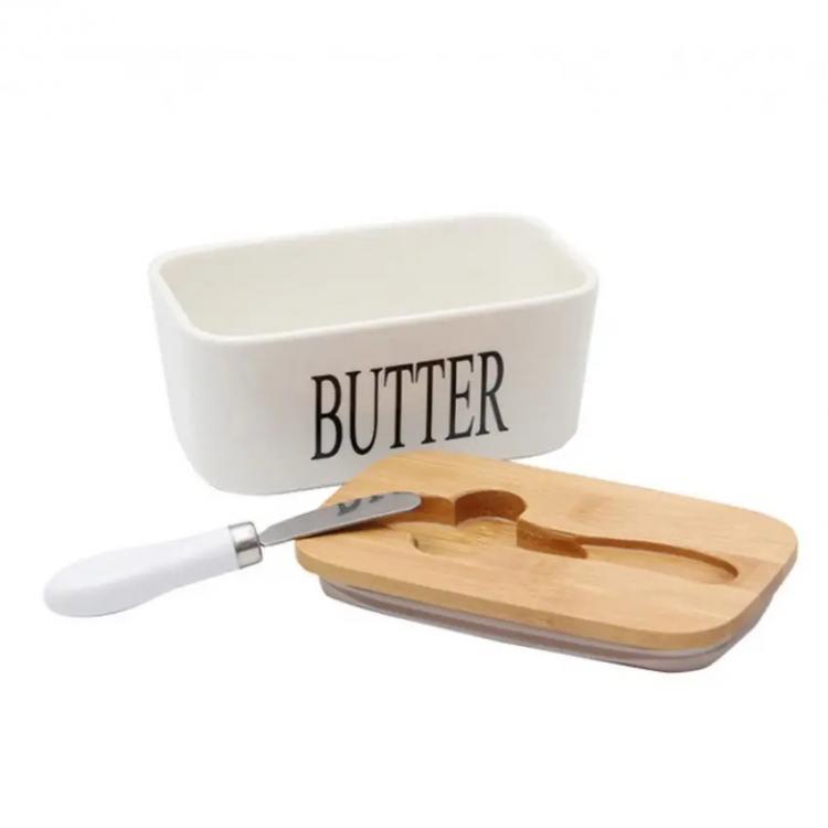 Масленка керамическая с ножом Cooking House Butter бамбуковая крышка 650 мл White (127218)