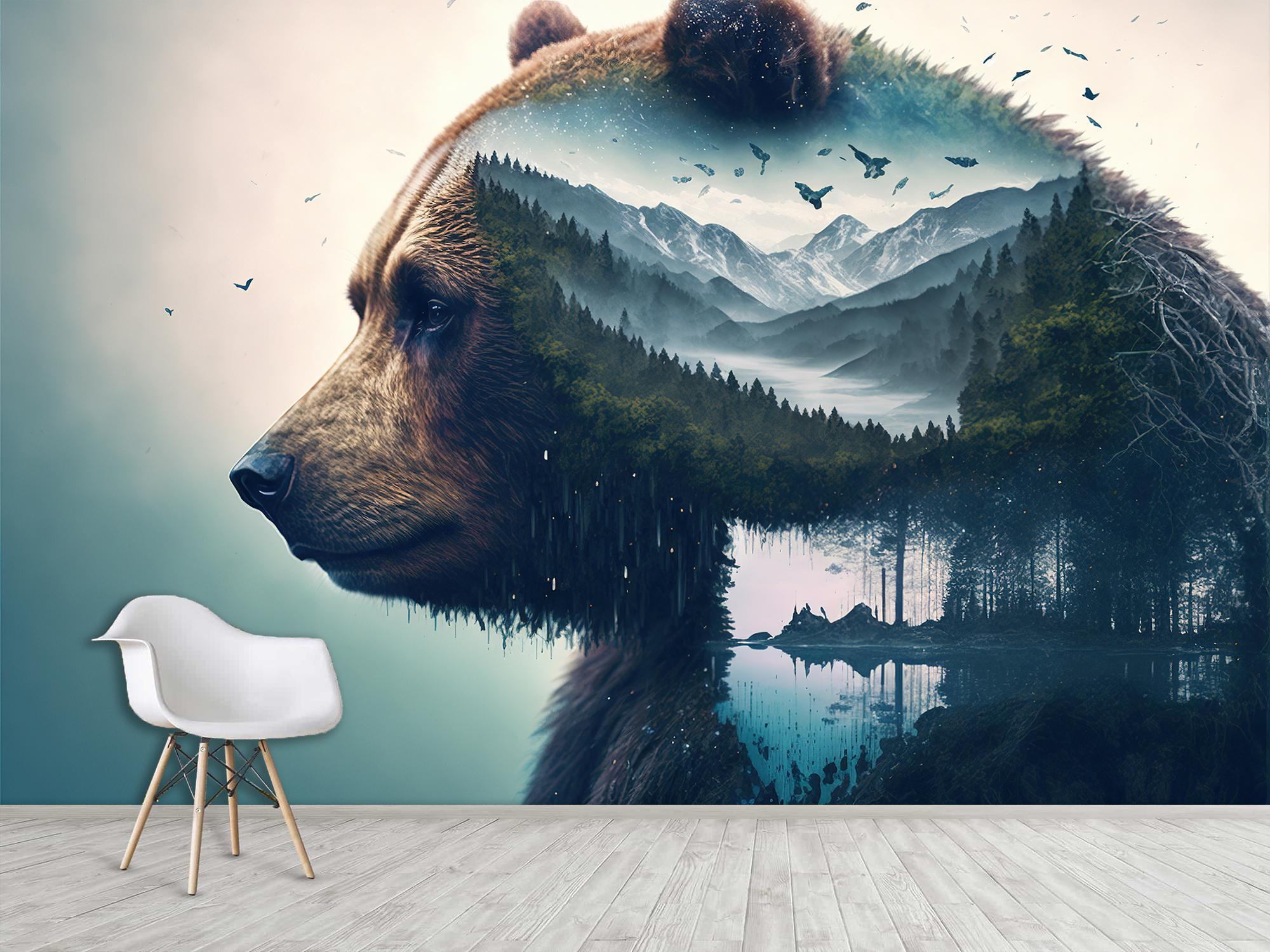 Фотообои флизелиновые Бурый медведь на фоне горных лесов 210х315 см (SPF-085/5)