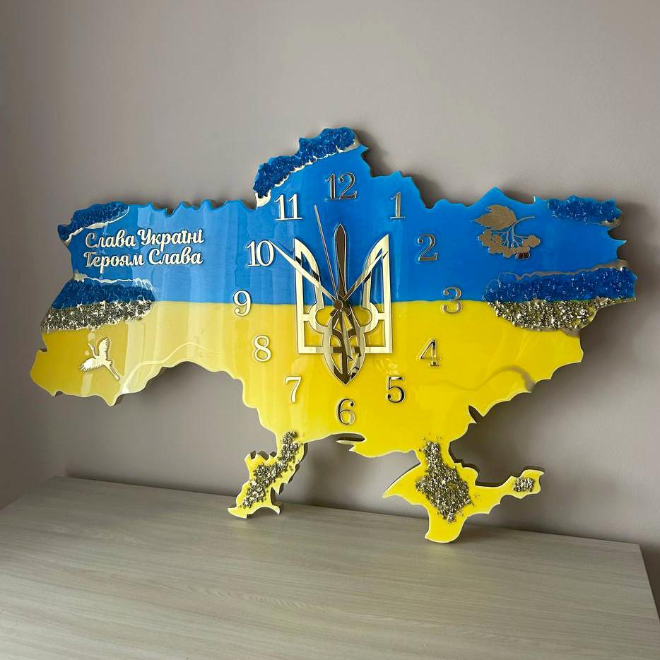 Часы настенные из эпоксидной смолы Карта Украины 70х45 см