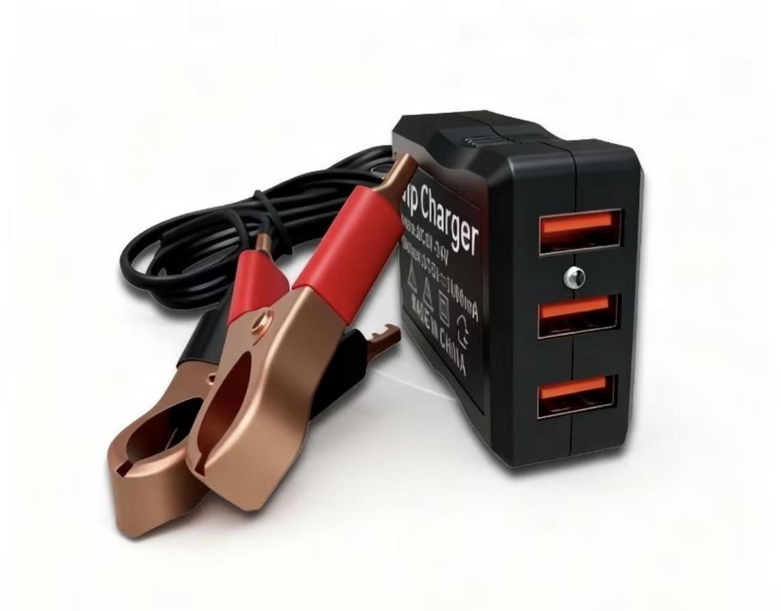 Адаптер питания 12/24V на 5V с 3хUSB портами и зажимами аккумулятора для аварийной зарядки телефонов