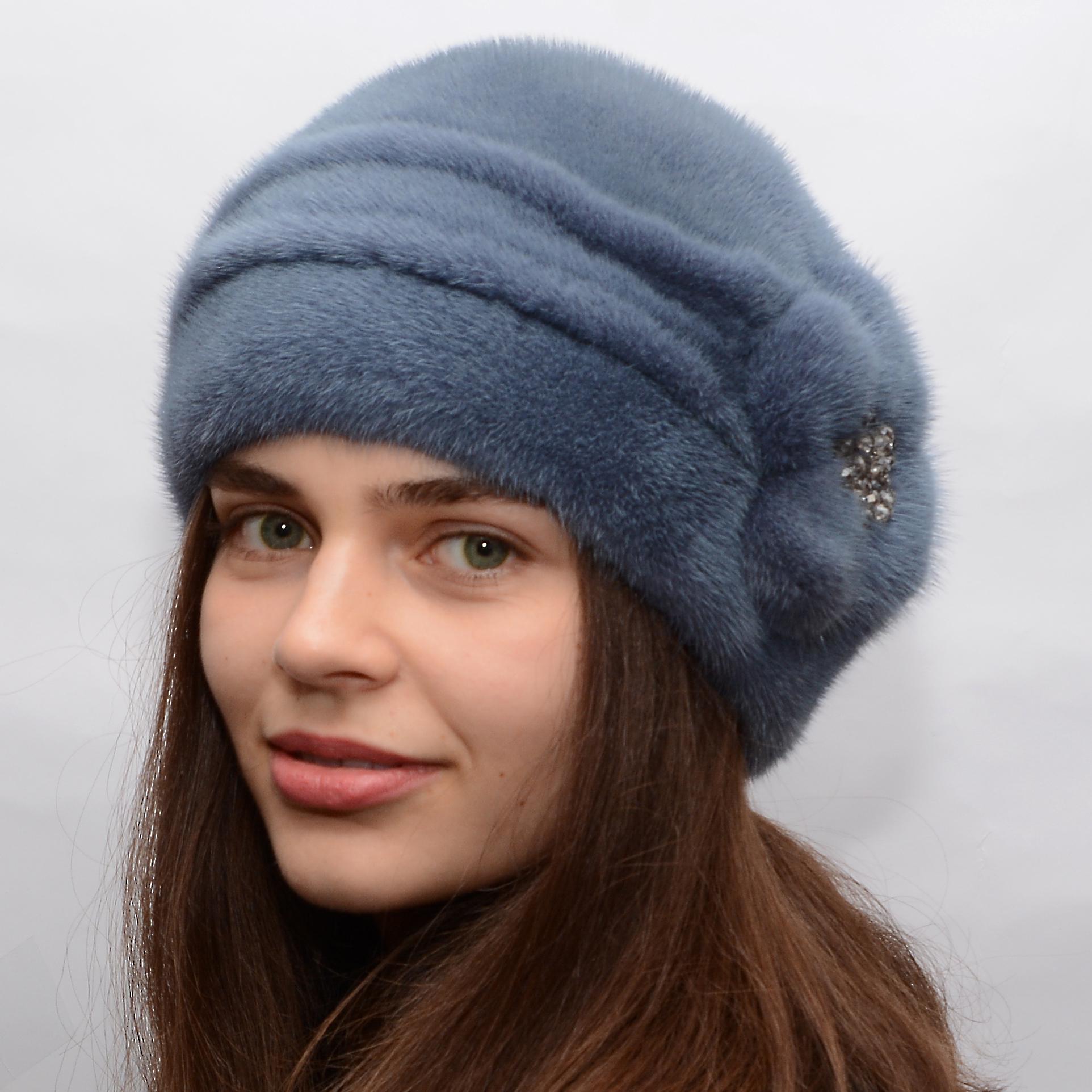 Женская шапка Меховой стиль Шарик из натурального меха норки M-L Джинс (044/D)