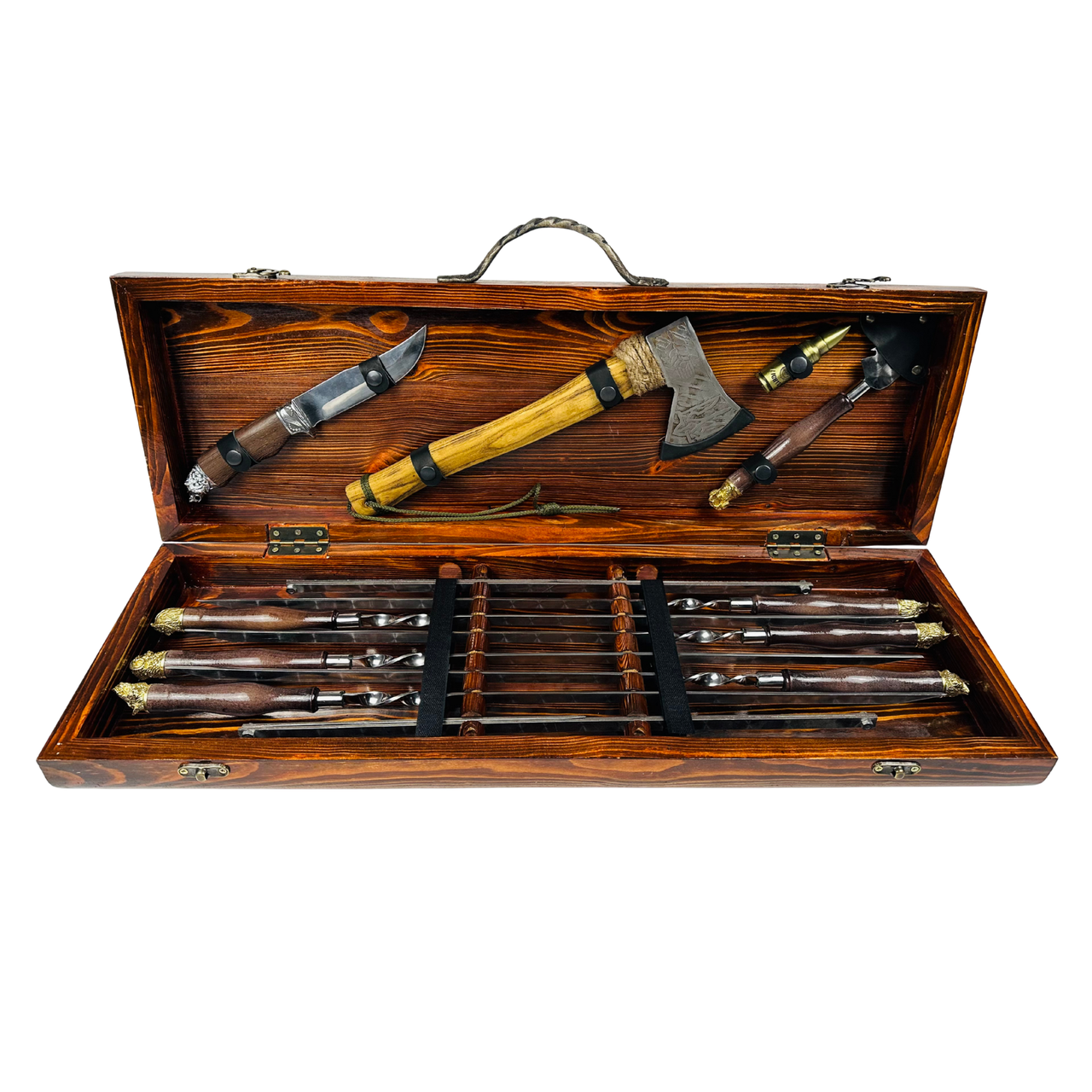 Набор шампуров ручной работы с латуным литьем голов зверей Сафари Lux в деревянном кейсе