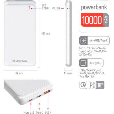 Повербанк ColorWay 10000 mAh Slim White (CW-PB100LPG3WT-PD) - фото 4