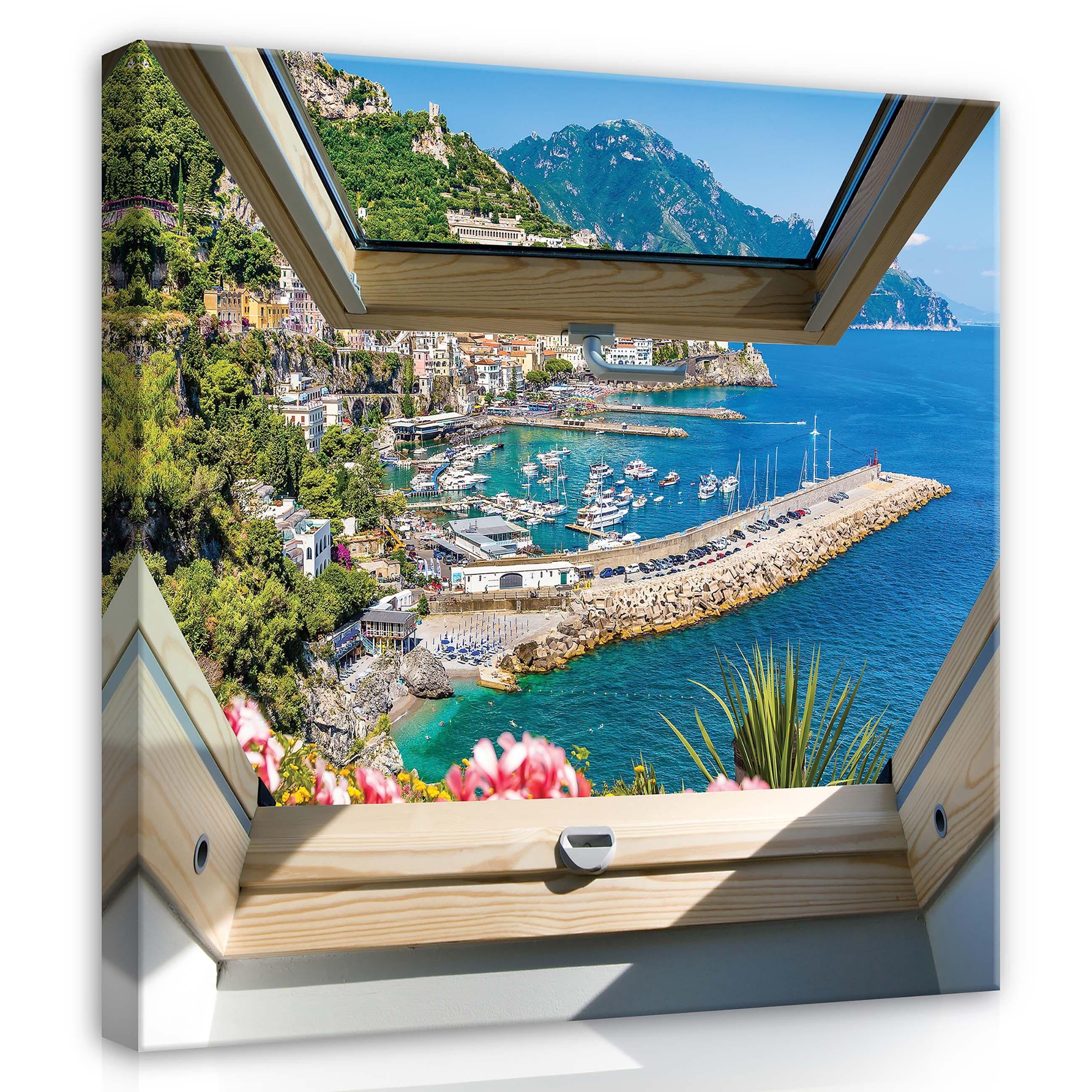 Картина на холсте 3Д Вид из мансардного окна на море и горы 40х40 см (PP10389O5)