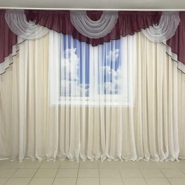 Ламбрекен в гостиную/спальню из шифона 3-3,5 м Бордовый (101)