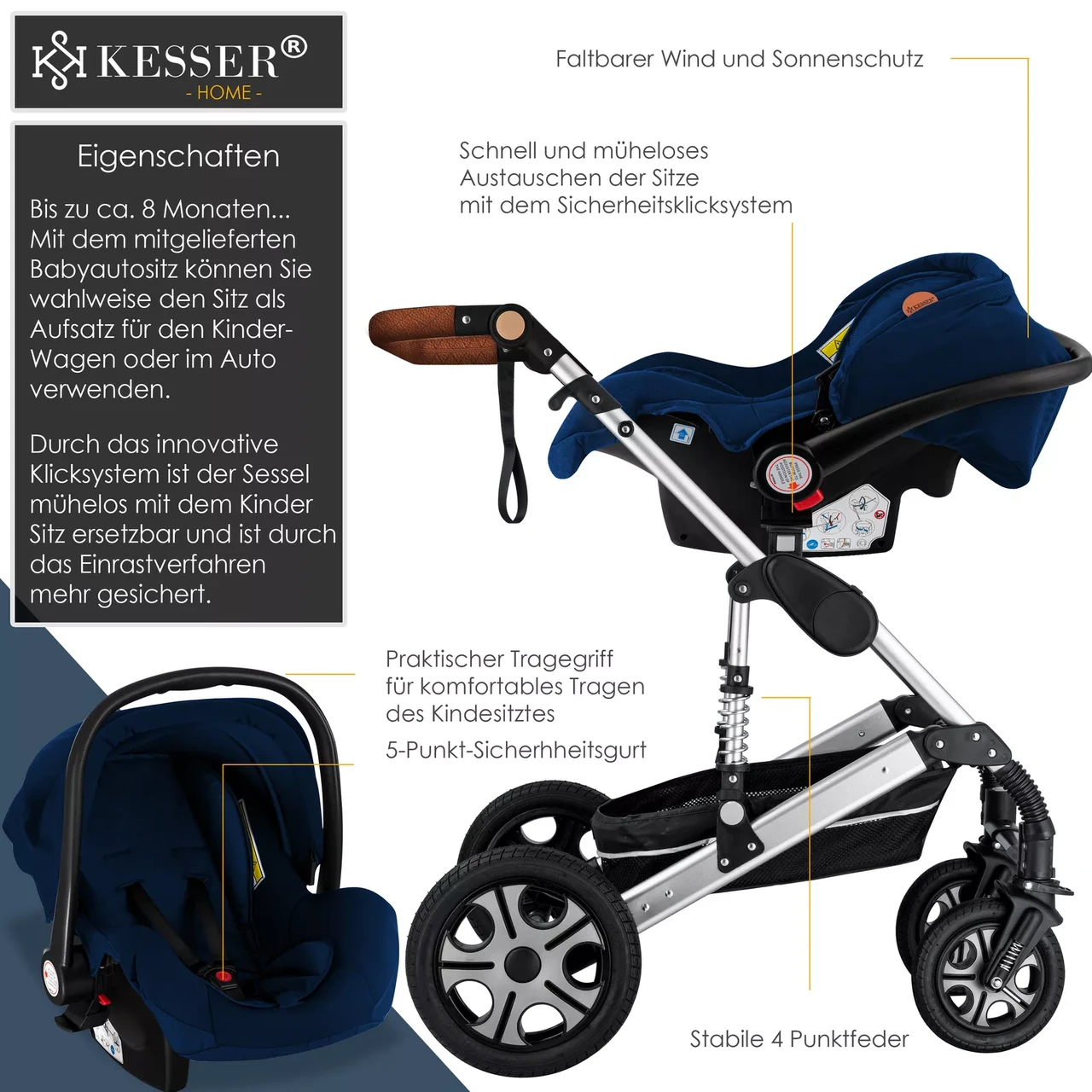 Коляска дитяча з автокріслом KESSER 3в1 94x64x119 см Синій/Срібний - фото 3