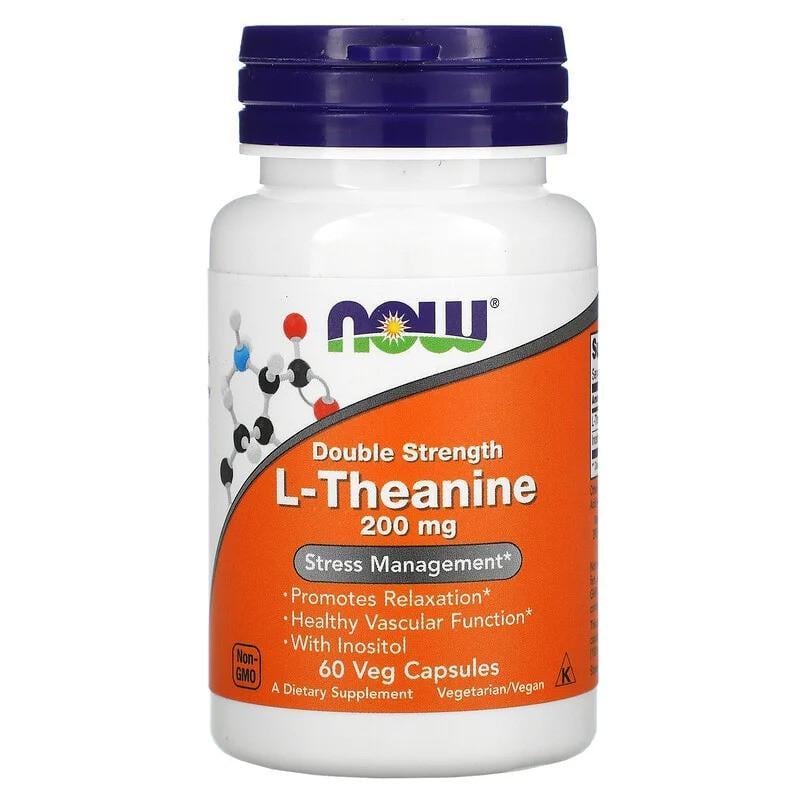 Теанін Now Foods L-Theanine 200 мг подвійної концентрації 60 рослинних капс.