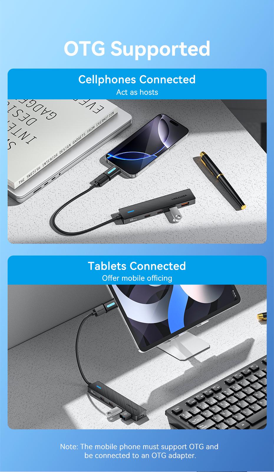 USB-хаб Vention USB-2x USB-A 3.2 Gen2 10 Гбіт/с 2x USB-C 3.2 Gen2 10 Гбіт/с Type-C 10Вт USB-A Чорний (CHSBB) - фото 10