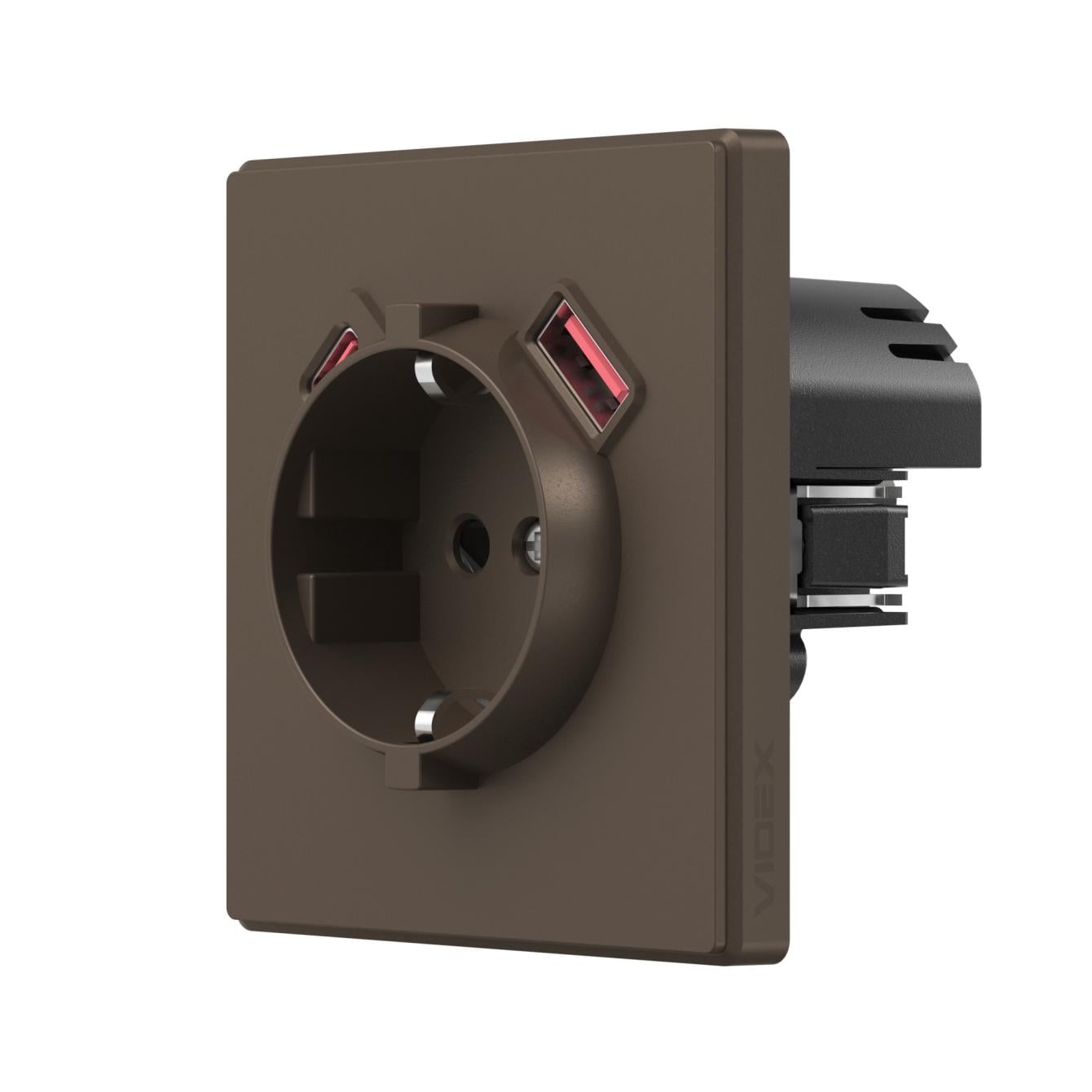 Розетка одинарная с заземлением Videx NOTA VF-NT-SK1GUC-BR 20W USB-A+C Мокко (28885)