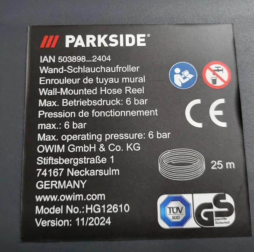 Катушка садовая автоматическая Parkside со шлангом 25 м - фото 3