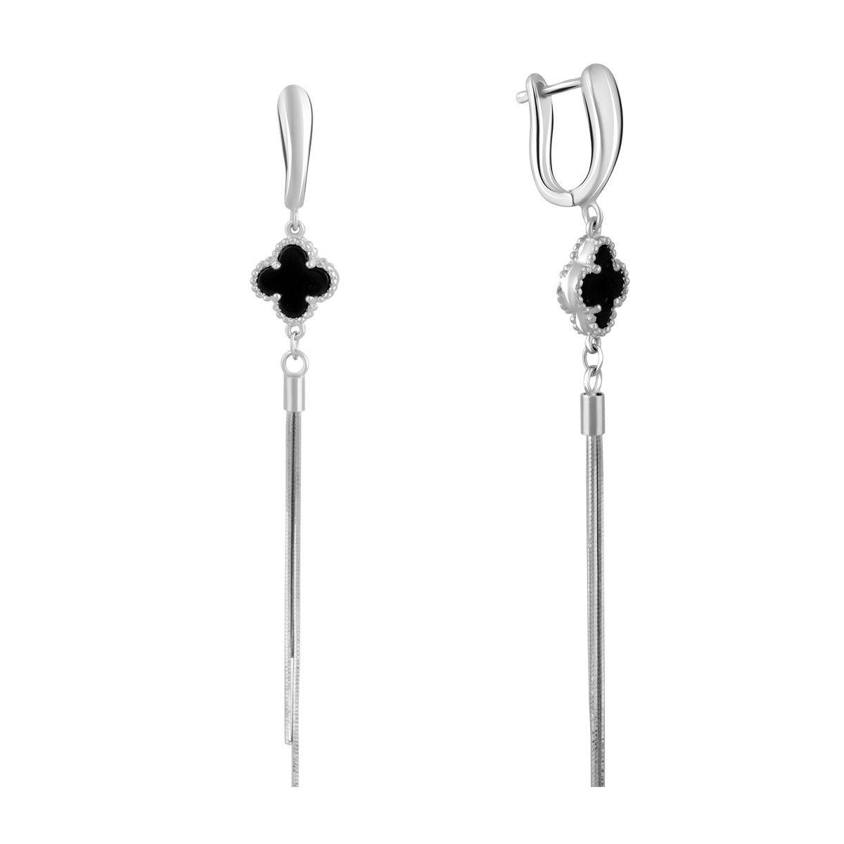 Сережки срібні з оніксом у формі чотирилистника та подовженими підвісами