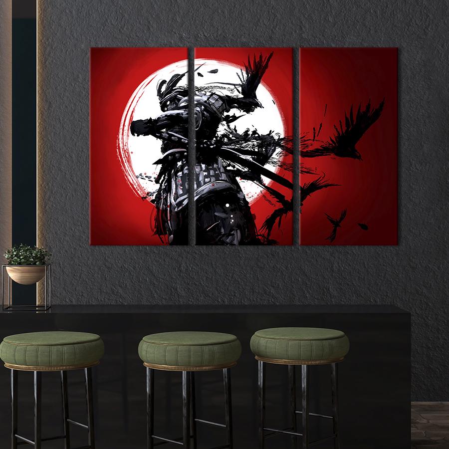 Модульная картина триптих Самурай и вороны на красном фоне 78x48 см (532-31)