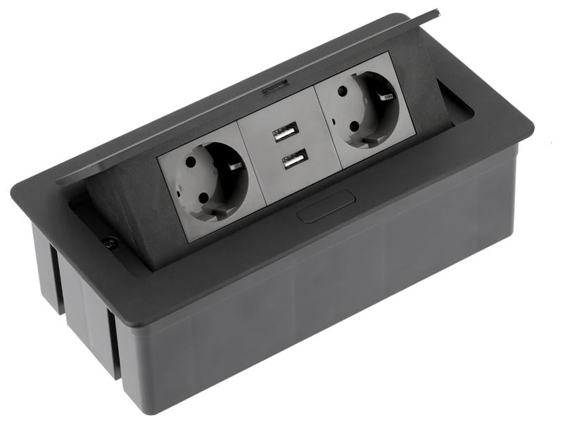 Блок розетковий врізний GTV 2 розетки Schuko 2xUSB Чорний (5068)