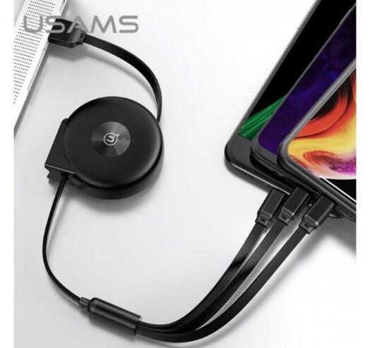 Кабель-рулетка Usams U20 combo MicroUSB+Lightning+Type-C 1м/2А 3в1 Чорний - фото 3