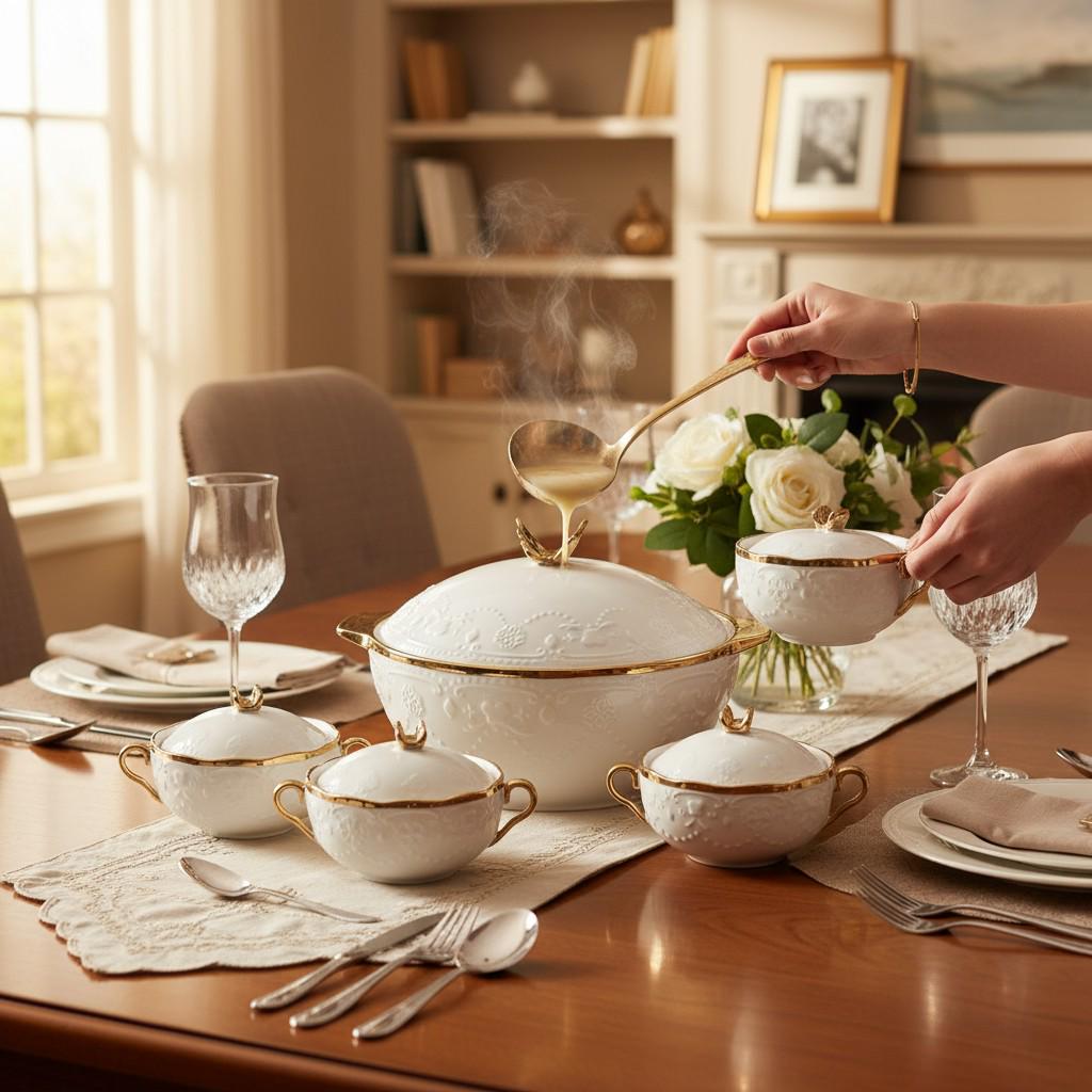 Сервиз суповой фарфоровый Amphora на 6 персон супница 3 л с 6 бульонницами 300 мл 7 предметов Белый/Золотой (SPW-16) - фото 3 Сервиз суповой фарфоровый Amphora на 6 персон супница 3 л с 6 бульонницами 300 мл 7 предметов Белый/Золотой (SPW-16) - фото 3