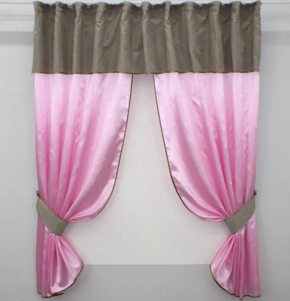 Занавеска на кухню с ламбрекеном/подвязками 270х170 см Розовый/Какао (073к)
