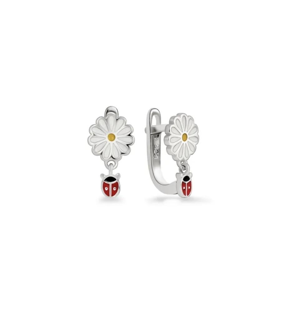 Серебряные сережки ромашка с подвеской божья коровка эмаль серебро 925 пробы родированное 1,70 г (ск2/901)
