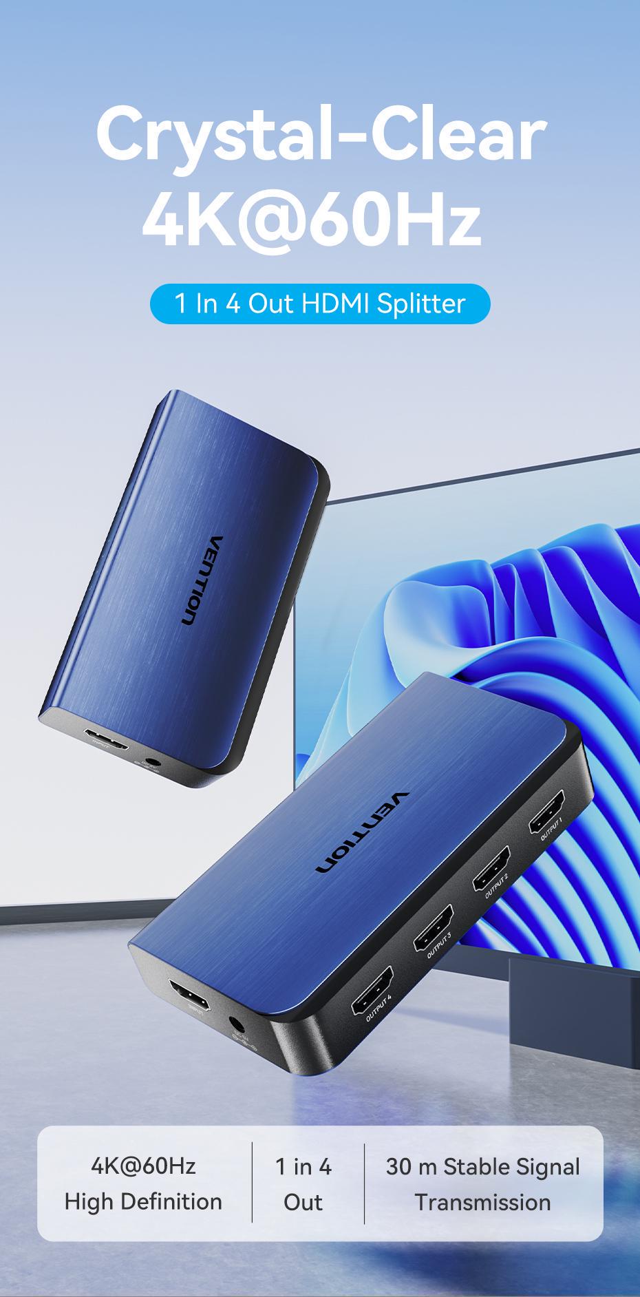 Розгалужувач Vention HDMI 1x4 4K 60Hz HDMI 2.0 HDR HDCP 2.2 Dolby Atmos алюмінієвий Синій (AKFL0-EU) - фото 2 Розгалужувач Vention HDMI 1x4 4K 60Hz HDMI 2.0 HDR HDCP 2.2 Dolby Atmos алюмінієвий Синій (AKFL0-EU) - фото 2