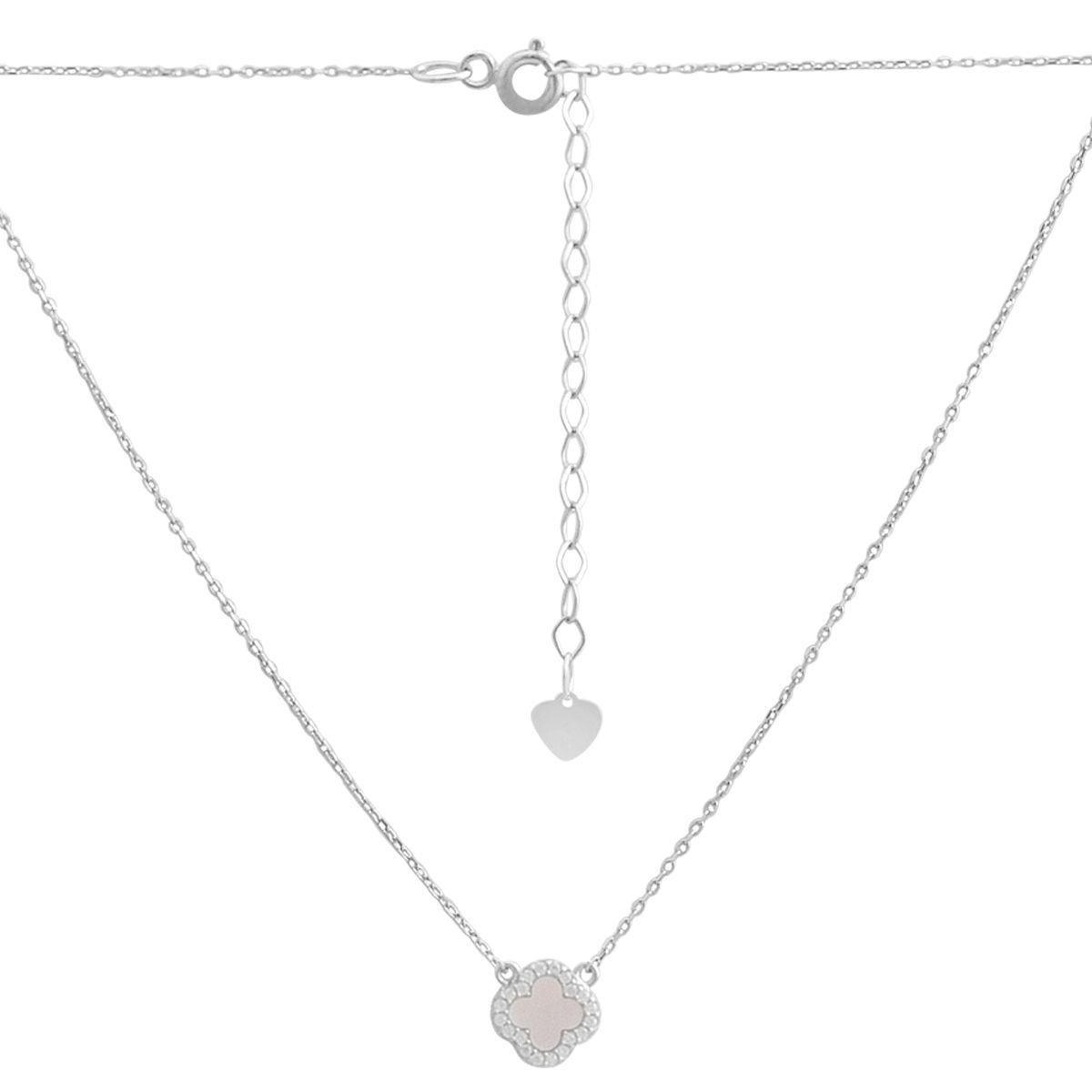 Колье серебряное LoveR с перламутром в форме четырехлистника и кружевной окантовкой