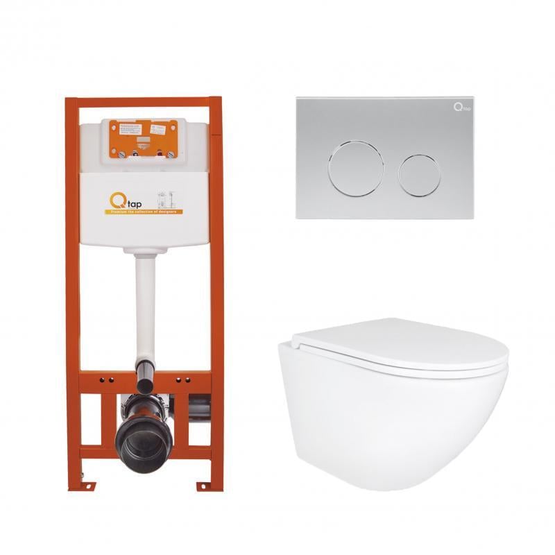 Комплект инсталляции 4в1 Qtap Nest QT0133M425/унитаз подвесной Qtap Robin Ultra Quiet QT1333046EUQW/панель смыва круглая Satin (QT0111M11111SAT)